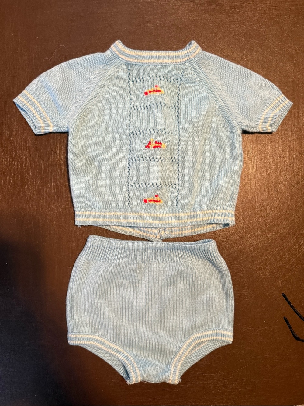 Light Blue Knit Baby Two-Piece Set with vehicle Embroidery